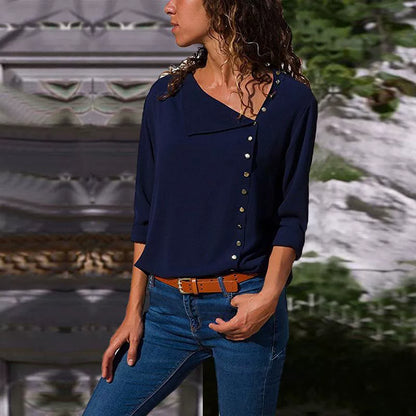Women’s Shirt – Relaxed Fit – Cotton Feel – Asymmetrical Button Front – 3/4 Sleeve