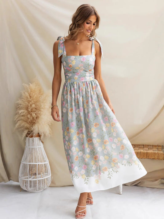 Women’s Sundress – Slim Fit A-Line – Floral Print – Bow Straps – Square Neckline