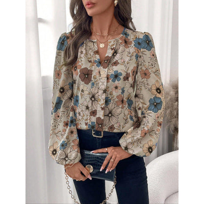 Women’s Long Sleeve Blouse – Relaxed Fit – Floral Print – Cotton – Puff Sleeves