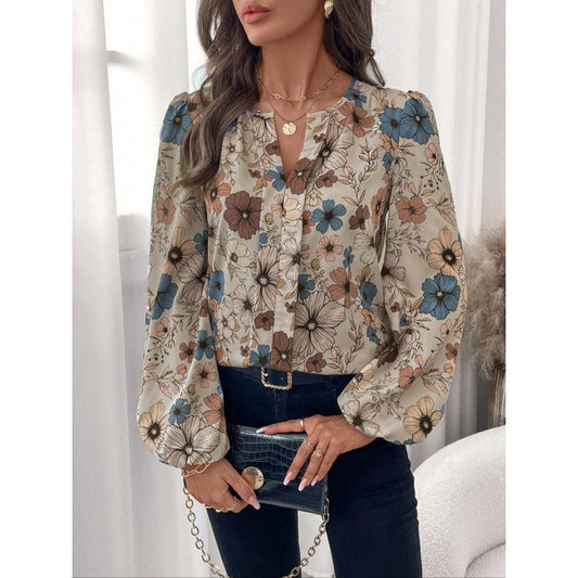 Women’s Long Sleeve Blouse – Relaxed Fit – Floral Print – Cotton – Puff Sleeves