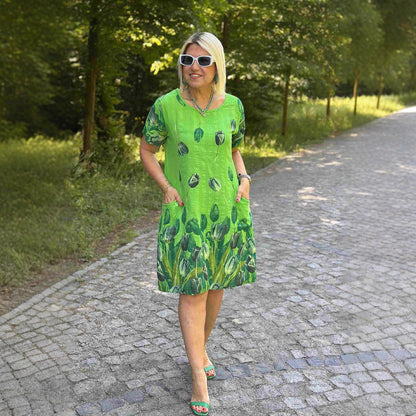 Women’s A-Line Dress – Floral Print – Short Sleeve Cotton – Midi Length – Side Pockets