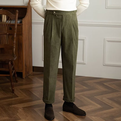 Men’s Corduroy Trousers – High Waist – Straight Fit – Pleated Front – Rolled Cuffs