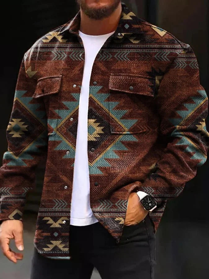 Men’s  Denim Jacket – Regular Fit – Geometric Pattern – Button Front Casual Layering