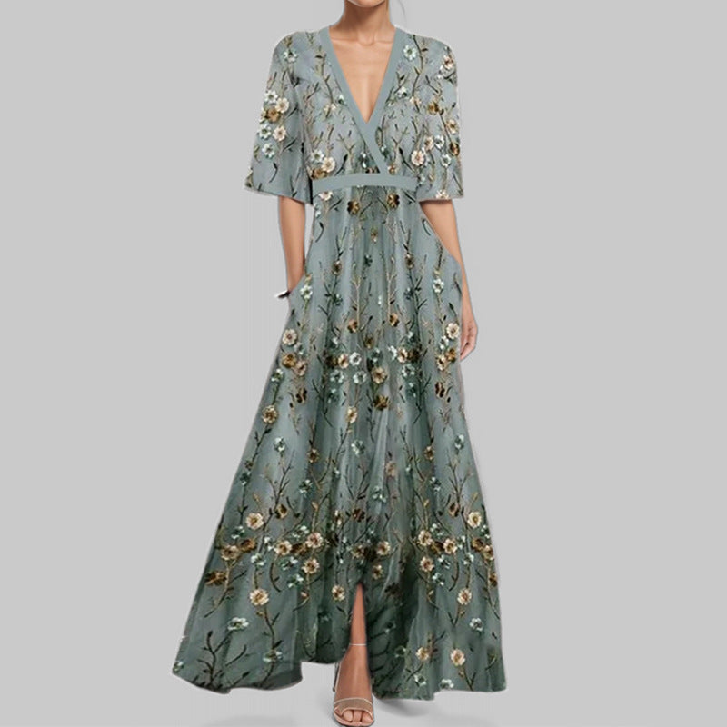 Women’s Maxi Dress – V-Neck – A-Line Fit – Lace-Up Waist – Printed Skirt – Pockets