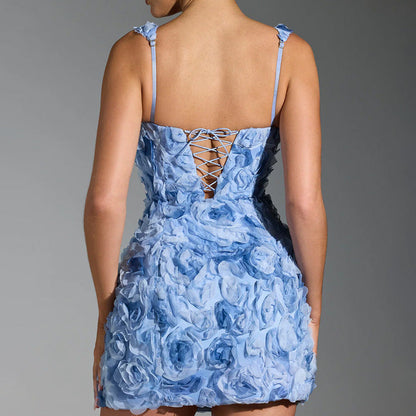 Women’s Mini Dress – Slim Fit – 3D Floral Appliqué – Square Neck – Luxury Fabric