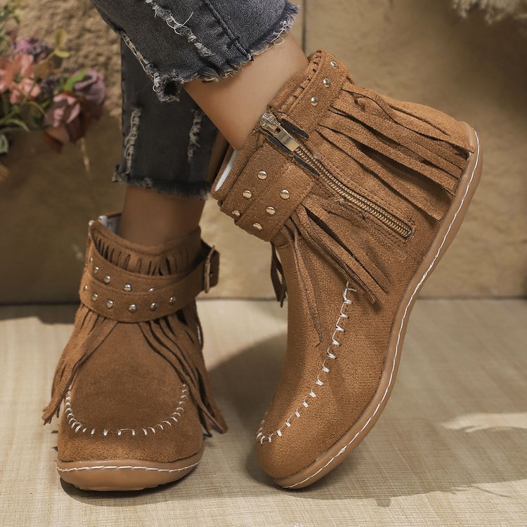 Women’s Ankle Boots – Suede Look – Fringe Detail – Metal Studs – Flat Sole Zip