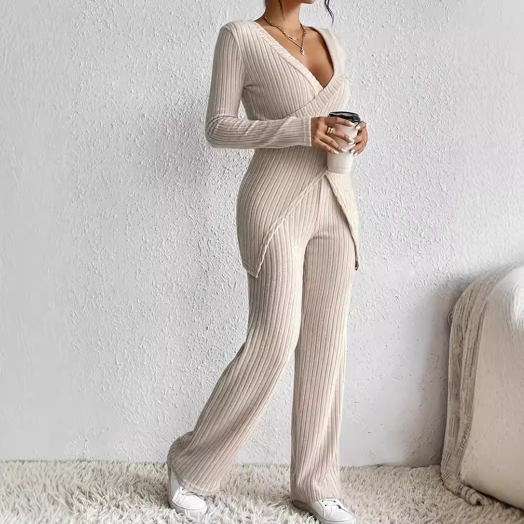 Women’s Two-Piece Set – Ribbed Knit – Wrap V-Neck Top – Relaxed Fit Pants
