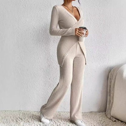 Women’s Two-Piece Set – Ribbed Knit – Wrap V-Neck Top – Relaxed Fit Pants