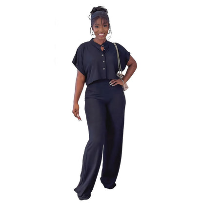 Women’s Two-Piece Set – Knit – Cropped Button-Up Top – High-Waist Pants