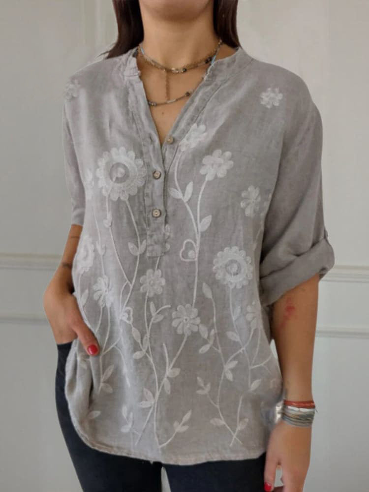Women’s V-Neck Shirt – Relaxed Fit – Lace Embroidered – Button Front Cotton Blend