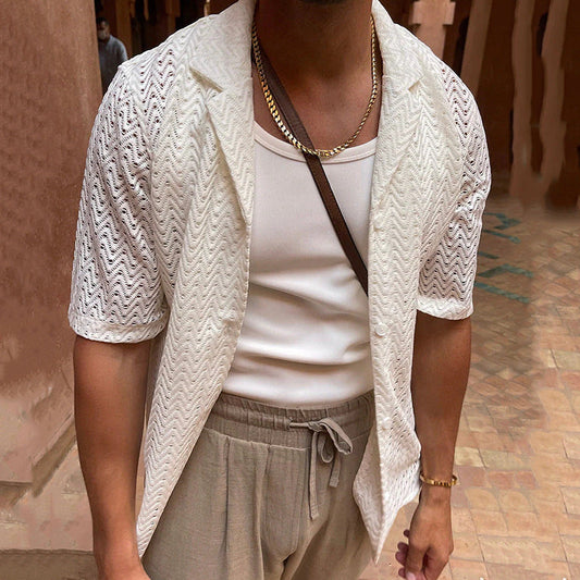 Men’s Knitted Cardigan – Slim Fit – Short Sleeve – Openwork Cotton Blend – Button Front