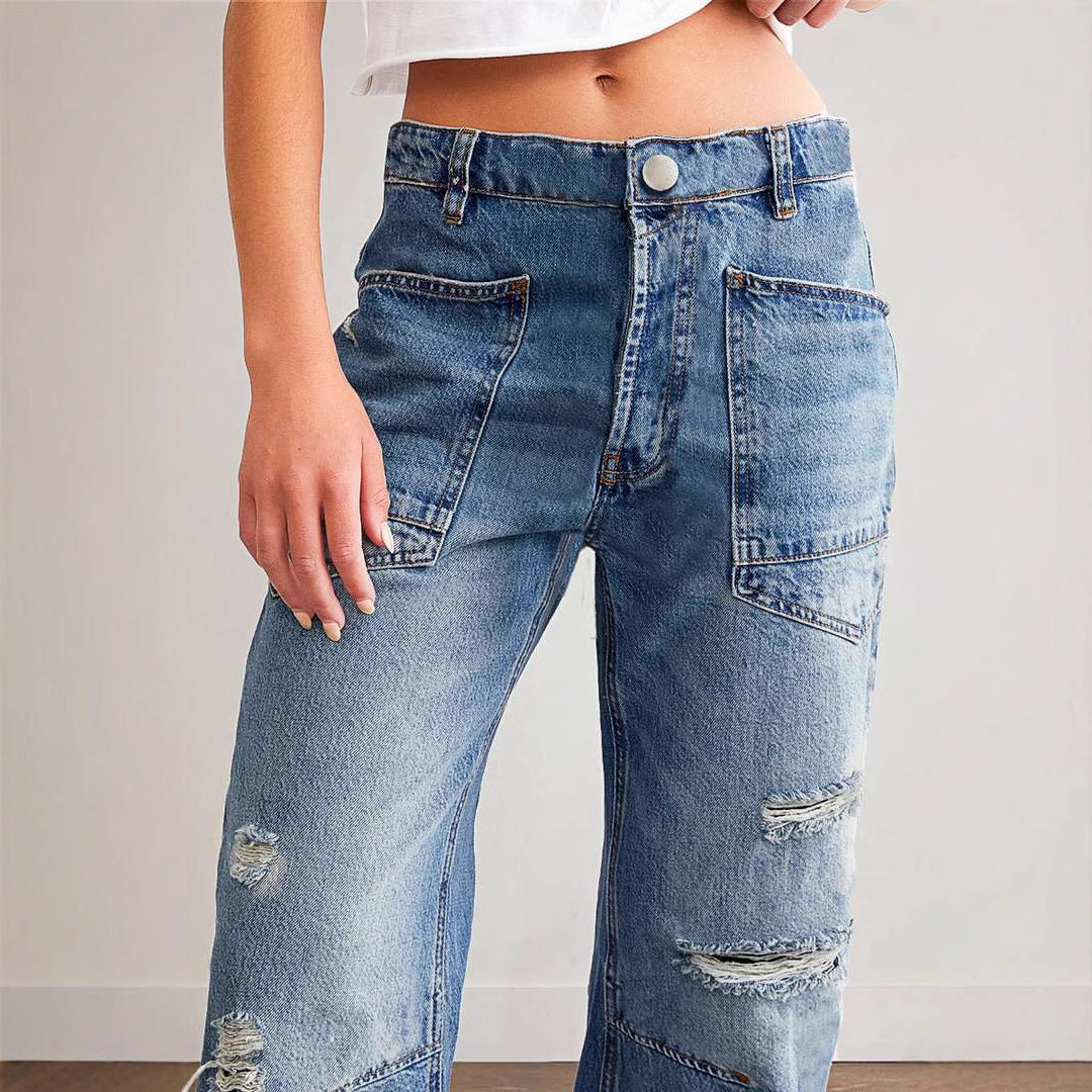 Women’s Jeans – Relaxed Boyfriend Fit – Distressed Denim – Oversized Pockets