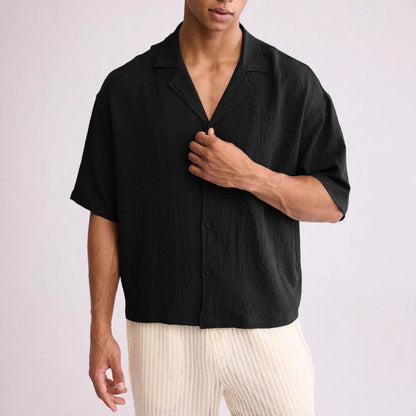 Men’s Short Sleeve Shirt – Relaxed Fit – Textured Cotton Blend – Button Up Casual