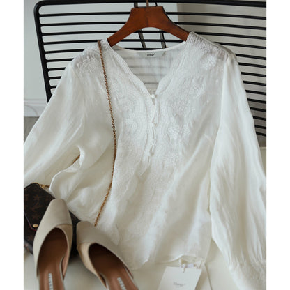 Women’s Blouse – Relaxed Fit – Embroidered Collar – Cotton Blend – Long Sleeve Lace Trim