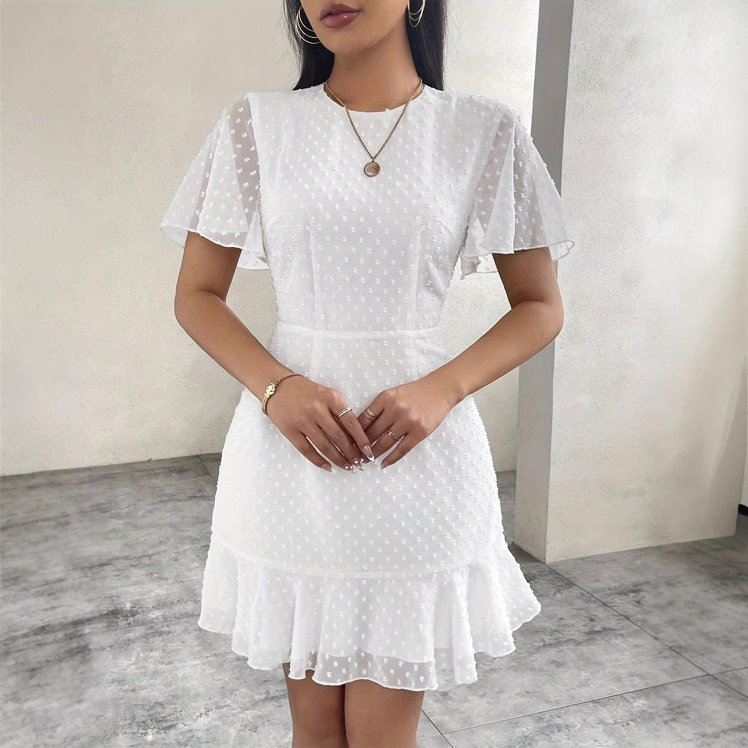 Women’s A-Line Mini Dress – Jacquard Dot – Flutter Sleeve – Cinched Waist