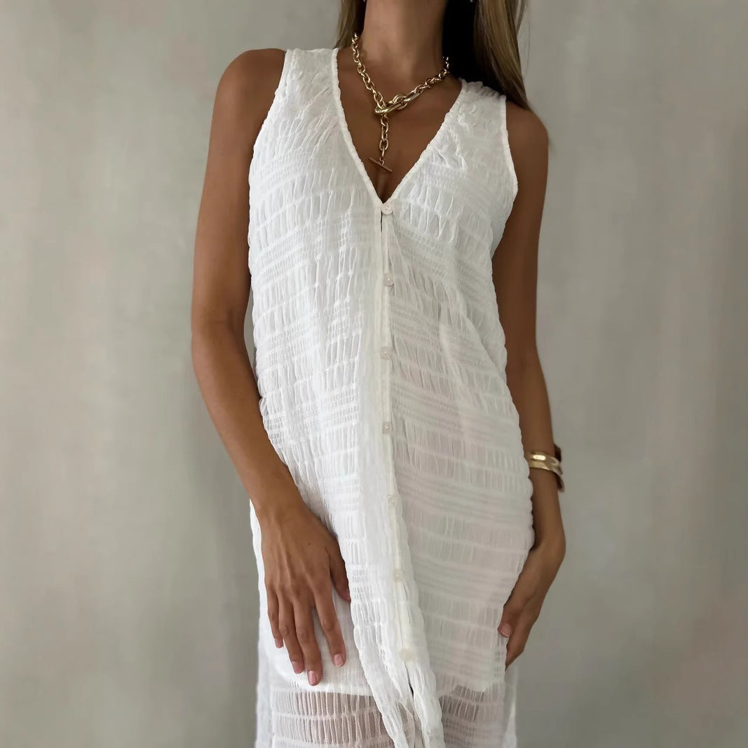 Women’s Long Dress – Sleeveless V-Neck – Flowy Fit – Lace Look with Front Slit