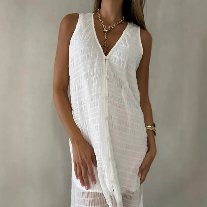 Women’s Long Dress – Sleeveless V-Neck – Flowy Fit – Lace Look with Front Slit