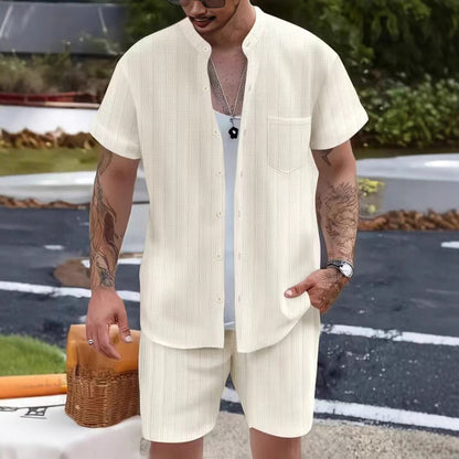 Men’s Casual Set – Henley Shirt and Shorts – Relaxed Fit – Lightweight Breathable Cotton