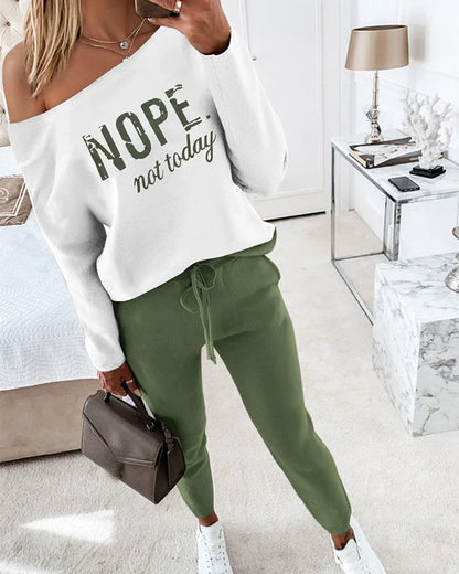 Women’s Two-Piece Set – Cotton Blend Off-Shoulder Top – Tapered Drawstring Pants