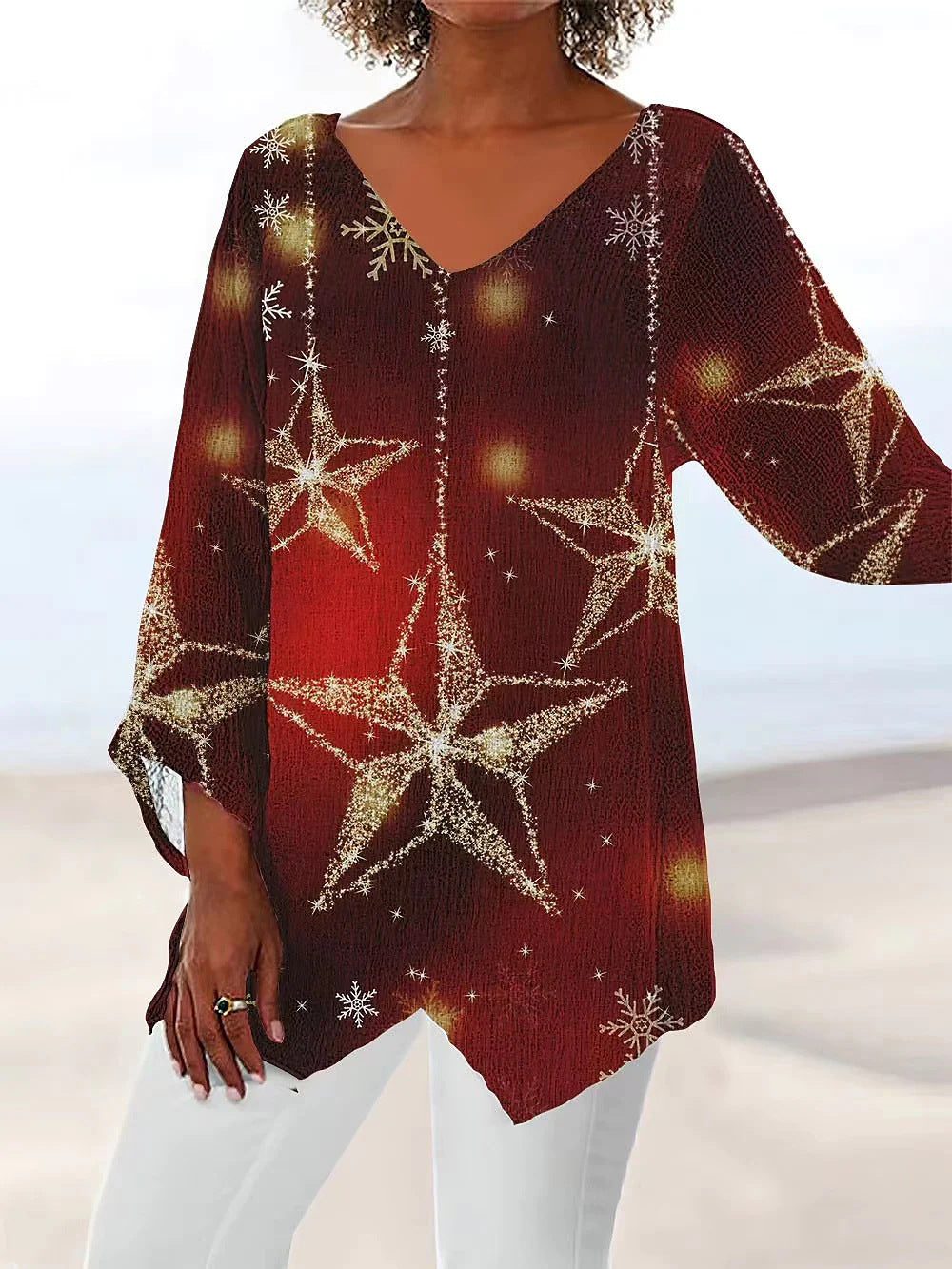 Women’s V-Neck Top – Loose Fit – Long Sleeve – Breathable Blend – Artistic Print