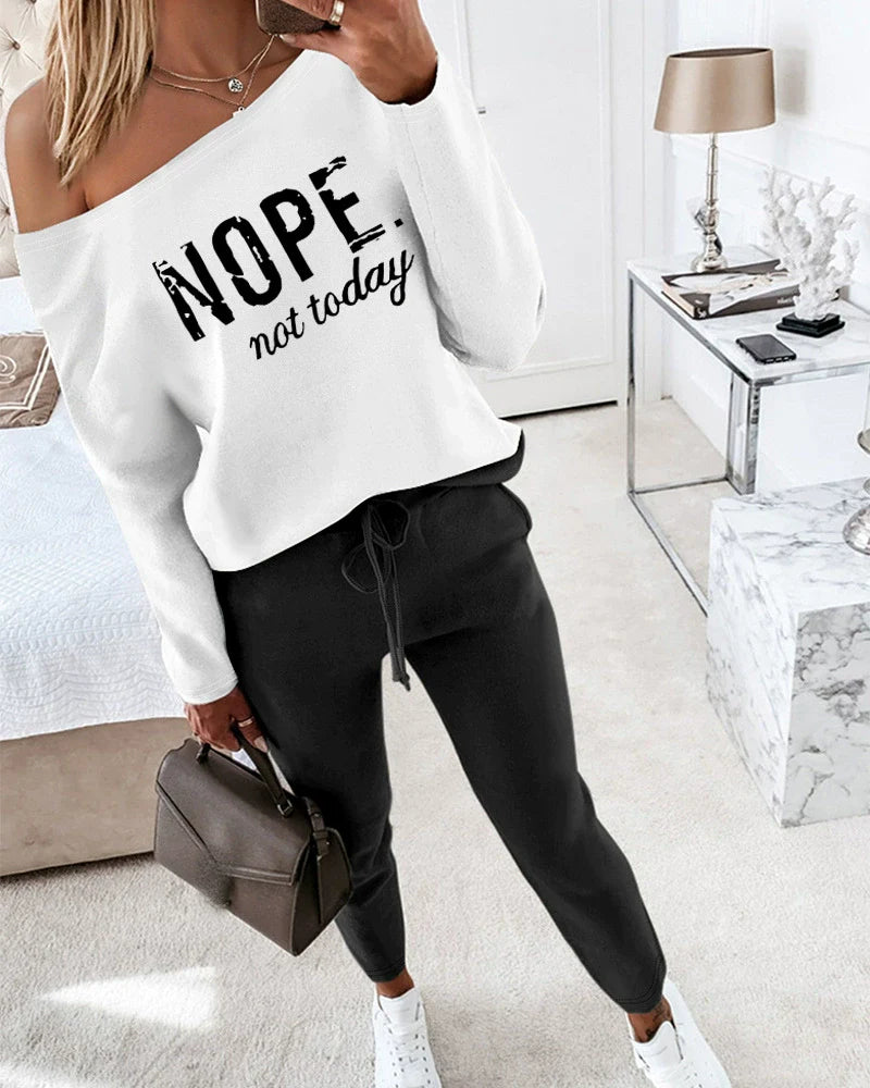 Women’s Two-Piece Set – Cotton Blend Off-Shoulder Top – Tapered Drawstring Pants