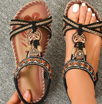 Women’s Flat Sandals – Open Toe – Rhinestone Straps – Boho Braided Detail