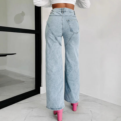 Women’s Straight-Leg Jeans – High Waist – Distressed Thigh – Chain Detail – Full Length