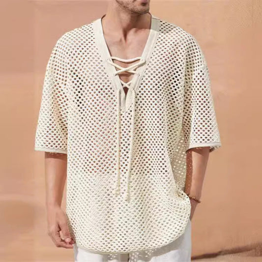 Men’s Mesh T-Shirt – Relaxed Fit – Lace-Up Chest – Mid Sleeve Breathable Casual Wear