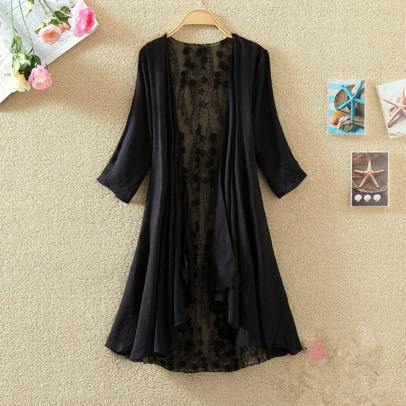 Women’s Mid-Length Cardigan – Loose Fit – Open Front – Lace Back – Breathable Blend