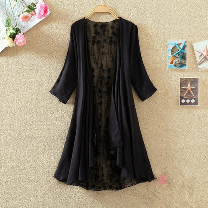 Women’s Mid-Length Cardigan – Loose Fit – Open Front – Lace Back – Breathable Blend