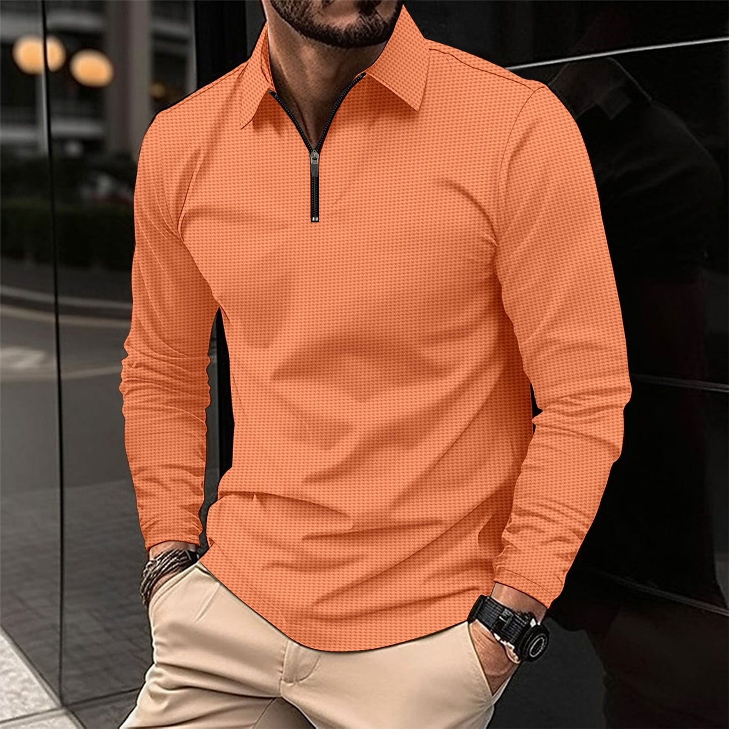 Men’s Long Sleeve Athletic Shirt – Slim Fit – Zip Collar – Stretch Fabric