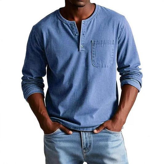 Men’s Long Sleeve T-Shirt – Slim Fit – Cotton Blend – Button Neck – Chest Pocket