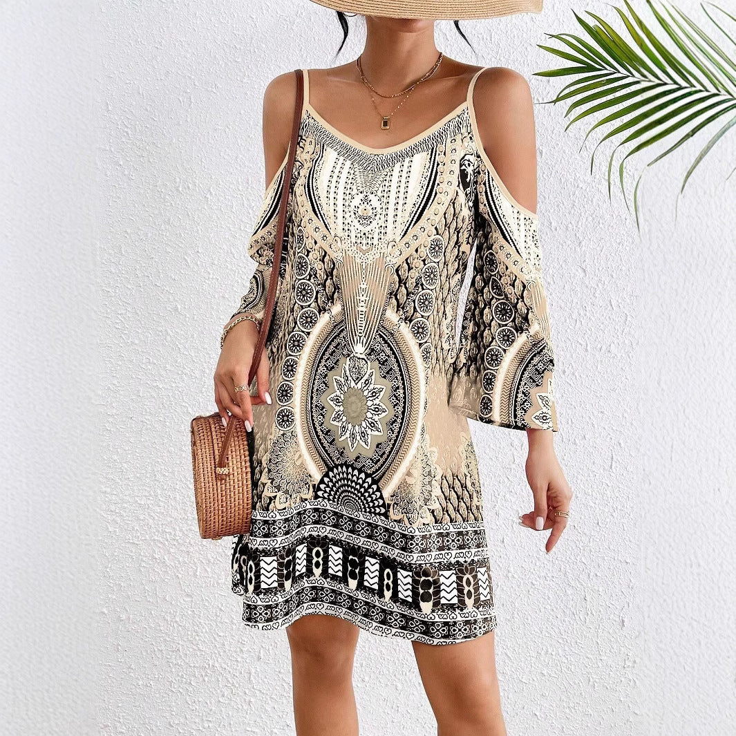 Women’s Midi Dress – Off-Shoulder – Relaxed Fit – Half Sleeve – Decorative Print