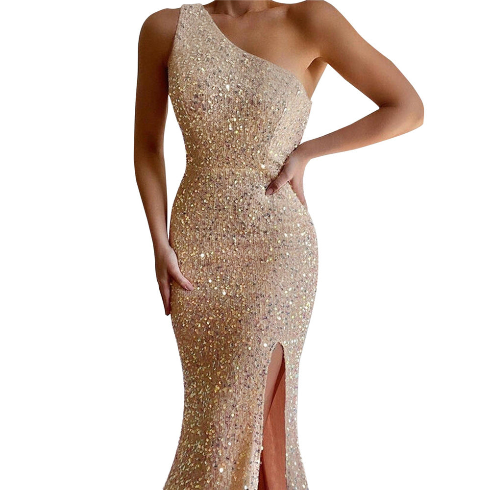 Women’s Evening Dress – Slim Fit – Sequin One-Shoulder – Full Length Side Slit