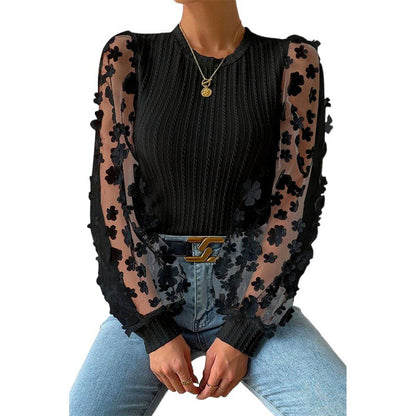 Women’s Long Sleeve Shirt – Slim Fit – Ribbed Bodice – Sheer Floral Mesh Sleeves