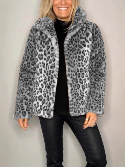 Women’s Coat – Faux Fur – Oversized Fit – Leopard Print – Notched Collar – Casual Style