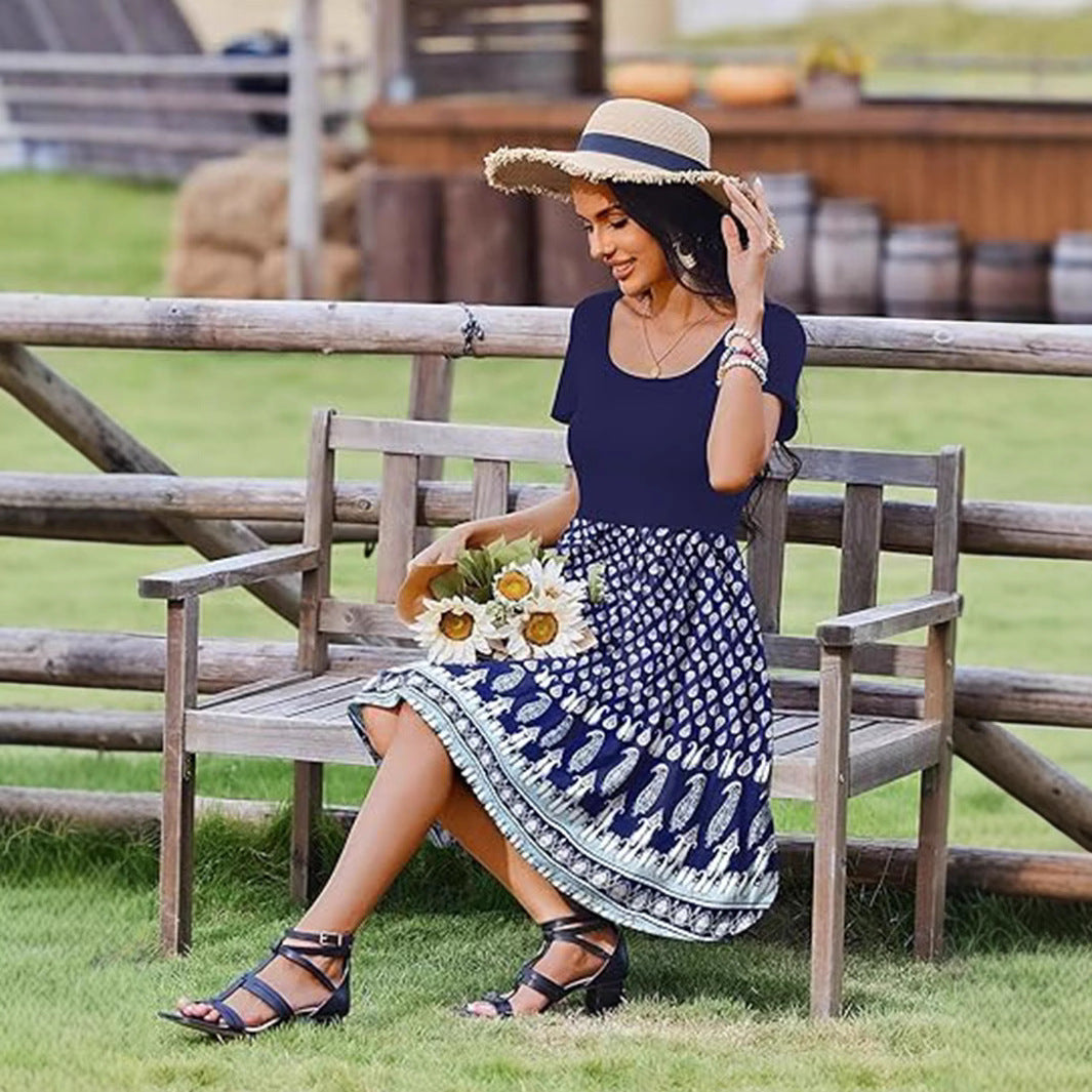 Women’s Casual Dress – Fit and Flare – Round Neck – Short Sleeve – Patterned Skirt