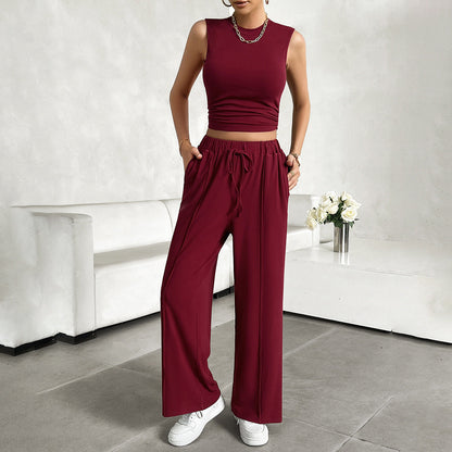 Women’s 2-Piece Set – Sleeveless Crop Top – Wide-Leg Pants – Lightweight Cotton Blend