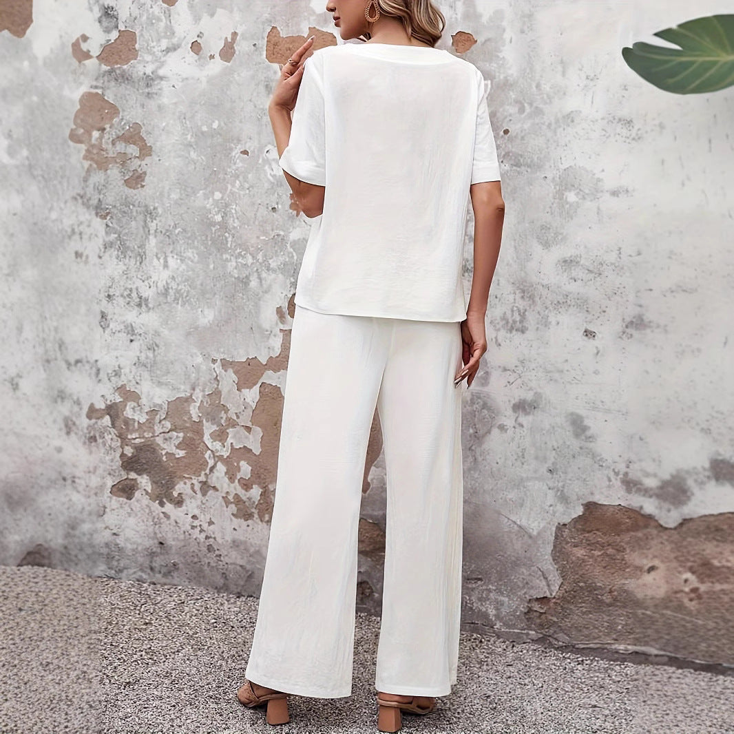 Women’s Two-Piece Set – Relaxed Fit – Wide Leg Pants – Button Detail – Cotton Blend