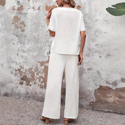 Women’s Two-Piece Set – Relaxed Fit – Wide Leg Pants – Button Detail – Cotton Blend