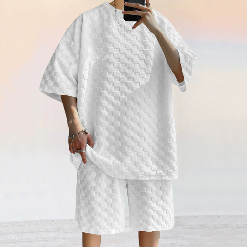Men’s Shirt and Shorts Set – Jacquard Knit – Loose Fit – Check Pattern – Casual Wear