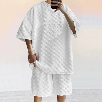 Men’s Shirt and Shorts Set – Jacquard Knit – Loose Fit – Check Pattern – Casual Wear