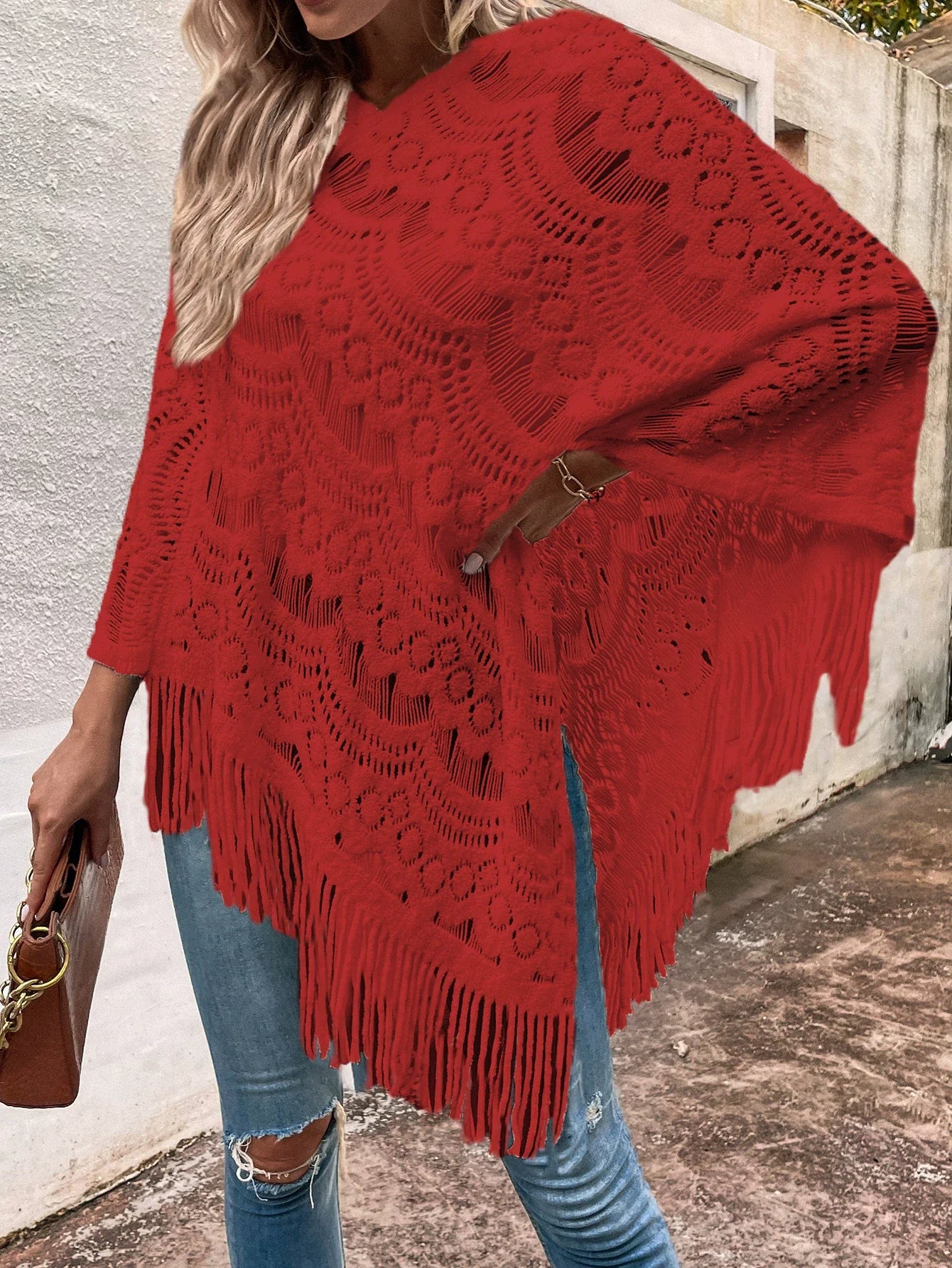Women’s Shawl – Lace Knit – Oversized Fit – Irregular Hem with Tassels – Semi-Sheer