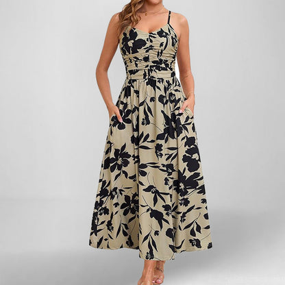 Women’s Sundress – A-Line Fit – Shirred Bodice – Floral Print – Spaghetti Straps – Midi Length – Pockets