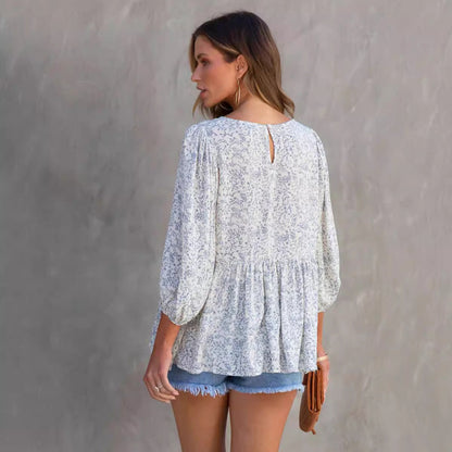 Women’s Blouse – Lightweight Cotton – Relaxed Fit – Floral Print – Lantern Sleeve