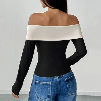 Women’s Crop Top – Off-Shoulder Slim Fit – Long Sleeve Stretch – Bow Detail