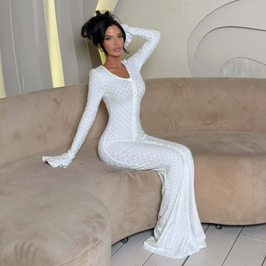 Women’s Evening Dress – Slim Fit – Wave Pattern – Micro-Flared Sleeves – Full Length