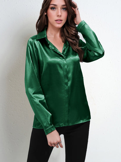 Women’s Blouse – Satin Finish – Relaxed Fit – Long Sleeve V-Neck Button-Down