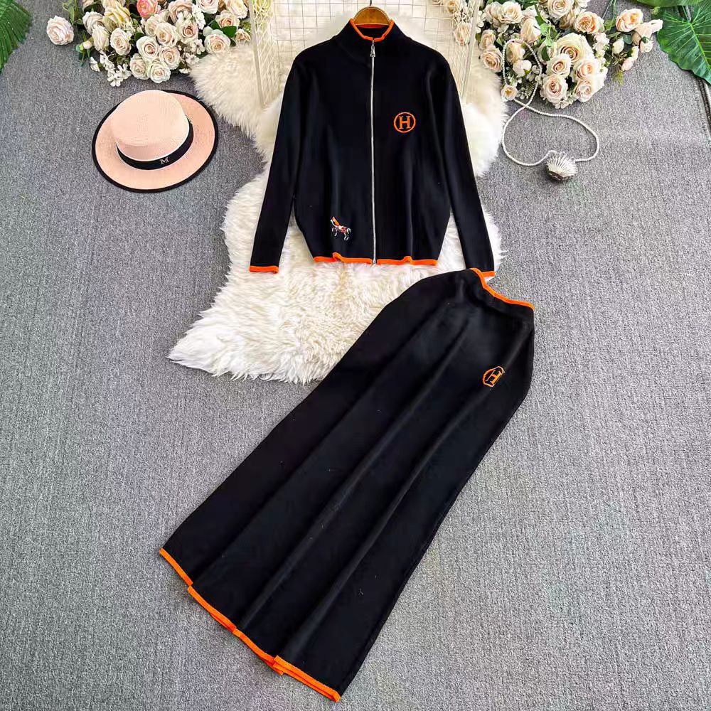 Women’s Knit Cardigan Set – Wool Blend – Embroidered – Zipper Front – Pleated Skirt