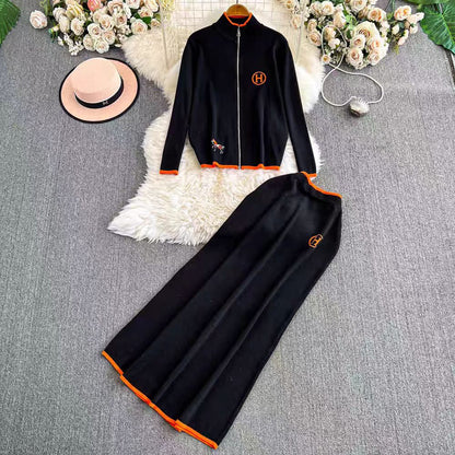 Women’s Knit Cardigan Set – Wool Blend – Embroidered – Zipper Front – Pleated Skirt